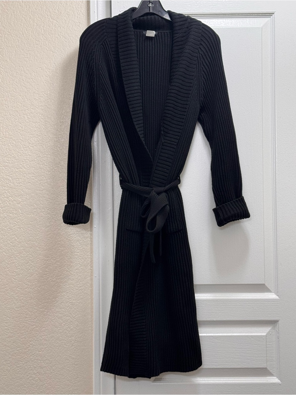 J.Crew Ribbed Knit Long Belted Duster Cardigan Shawl Collar in Black Size PM